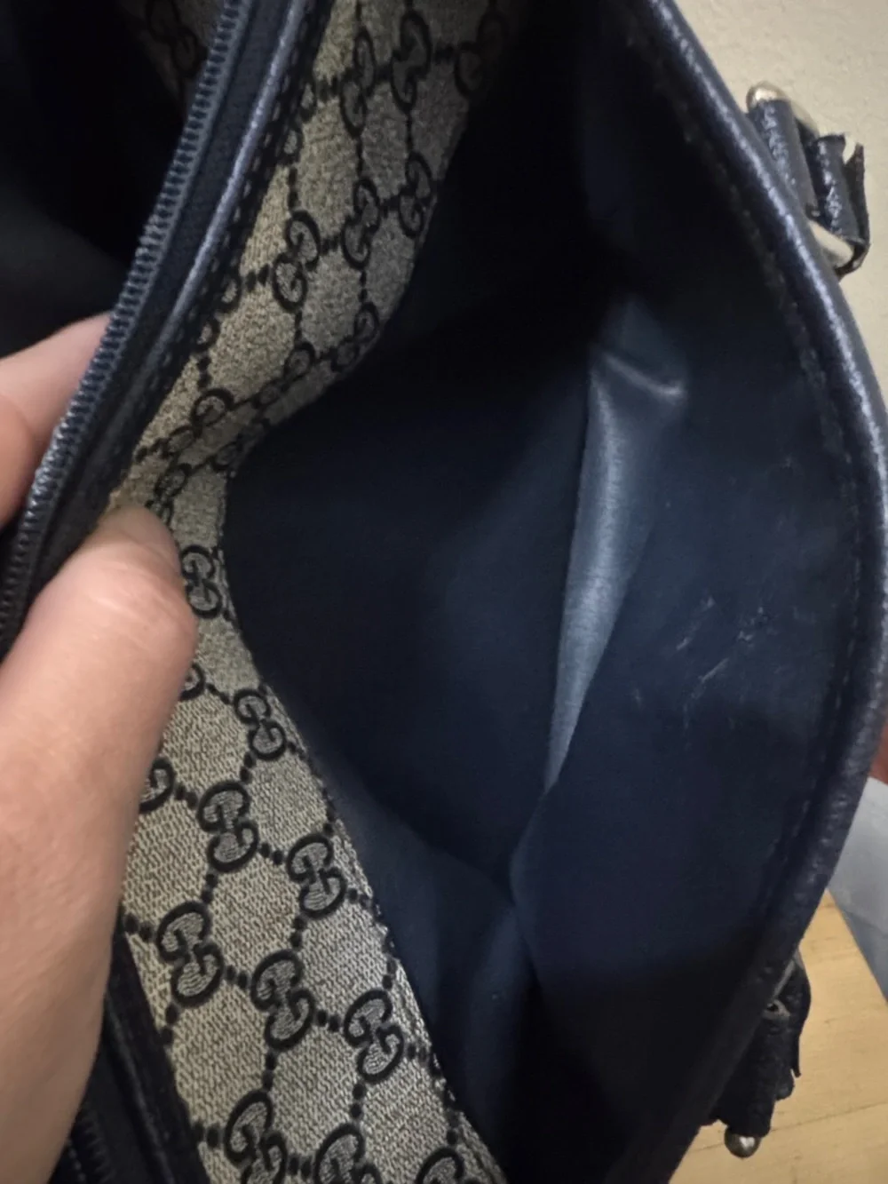 Gucci Beige Monogram Satchel with Navy Trim and Red-Navy Stripe